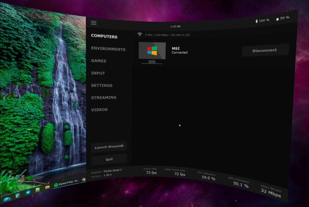 Virtual Desktop application for VR headset